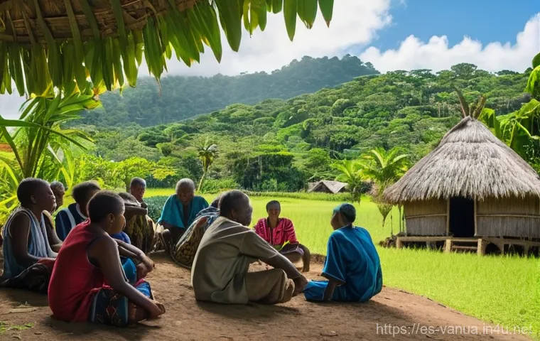 바누아투에서 사용할 수 있는 언어 - **Prompt:** A vibrant and bustling outdoor market scene in Vanuatu, filled with diverse Ni-Vanuatu p...