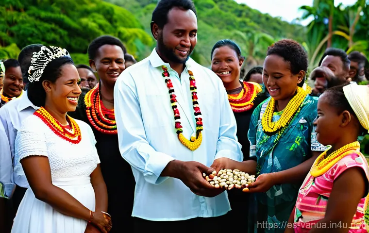 바누아투에서 조개 화폐 사용 여부 - **"A close-up, highly detailed shot of skilled ni-Vanuatu artisans meticulously crafting traditional...