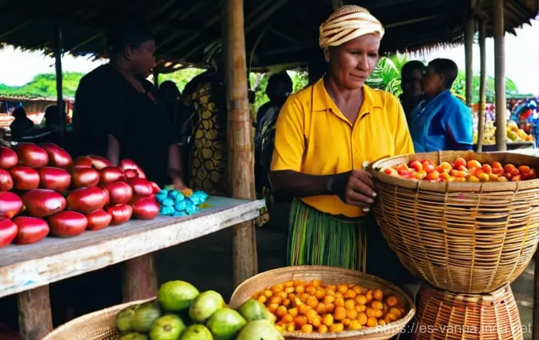 바누아투에서 조개 화폐 사용 여부 - **"An evocative scene depicting a traditional ni-Vanuatu marriage ceremony, where shell money is bei...